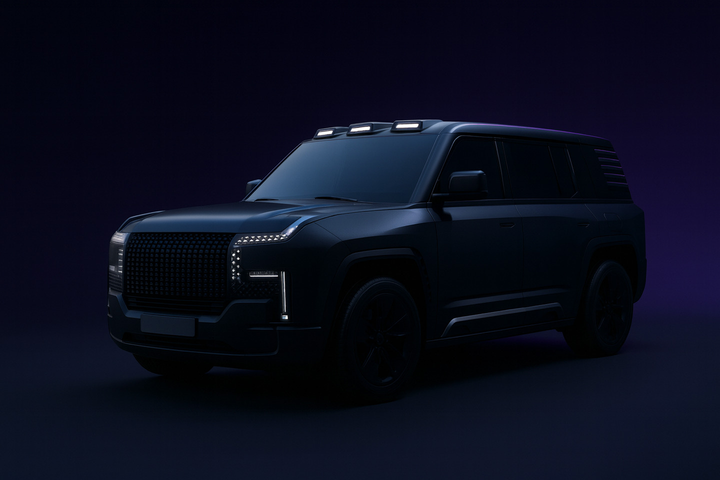 Luxury EV front three-quarter on dark background